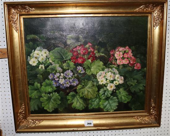 A* K*, oil on canvas, Still life of geraniums